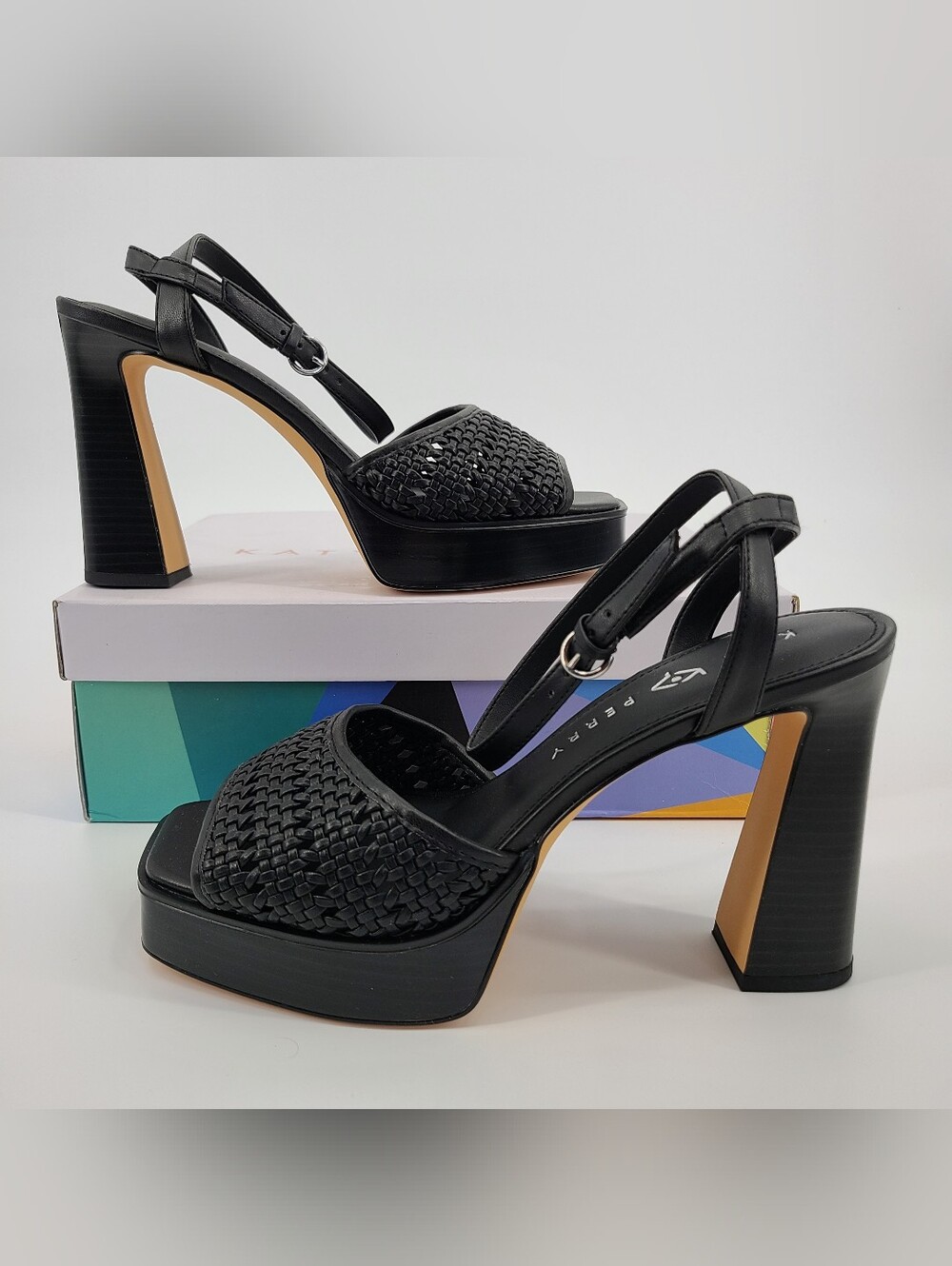 Katy Perry Collections Black Woven Platform Block Heel Sandals Size 9 1/2
